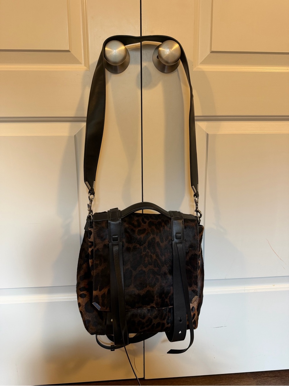 All Saints Leopard-Print Backpack with Black Leather Accents